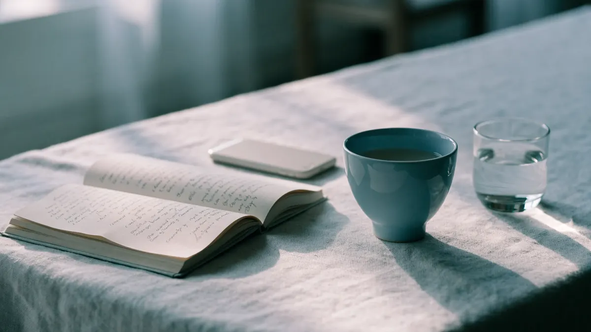 Een open schrift met handschrift, een telefoon en een blauwe kop thee op een linnen tafel in zacht ochtendlicht
